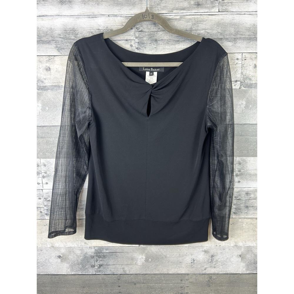 Lida Baday Women's Large Black Long Sheer Sleeve Blouse